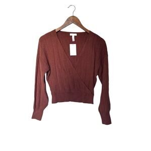 Leith Women’s Ribbed Wrap Sweater Brown Small Long Sleeve Knit crop sweater